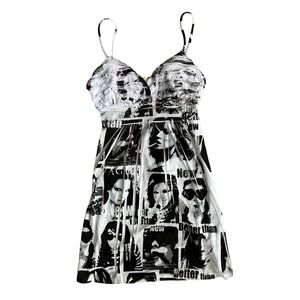 Vintage Y2K Grunge Newspaper Celebrity Print Mini Dress long tank babydoll S